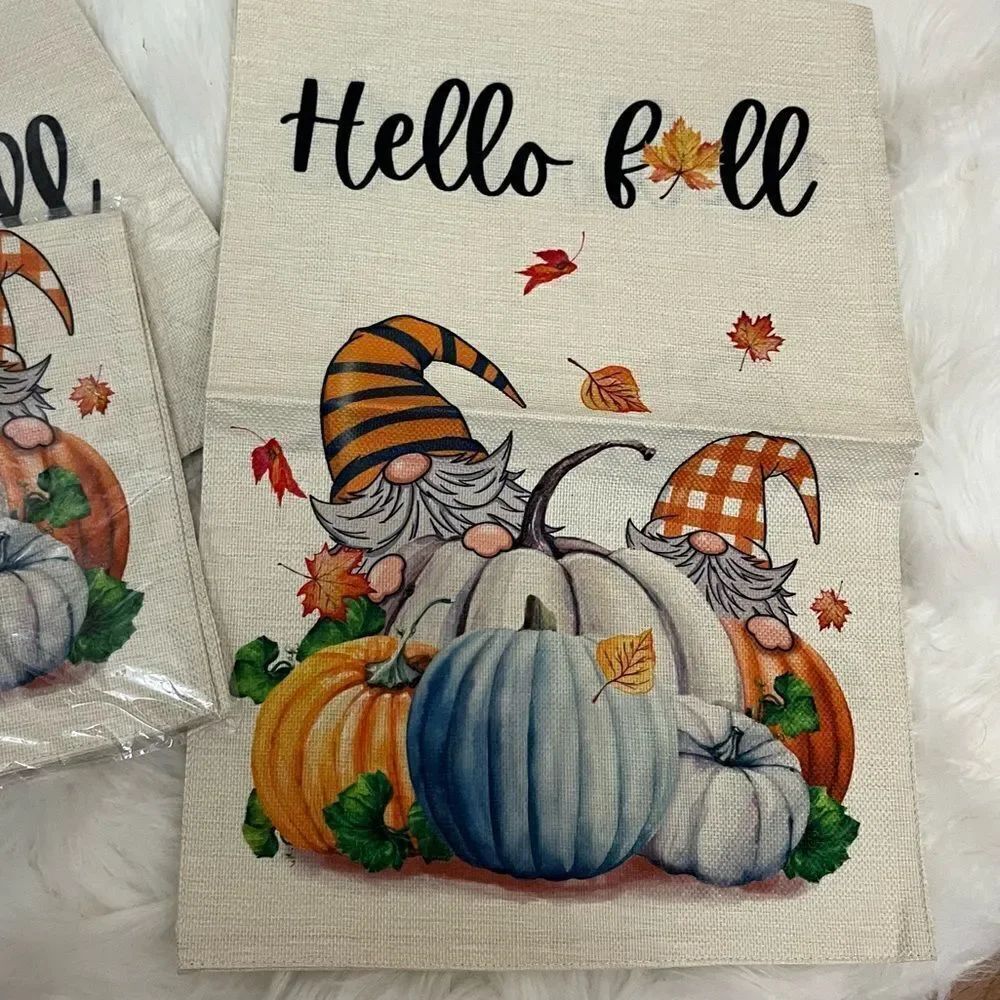Hello Fall Gnome Pumpkin Canvas Fabric Flag 18x12 New